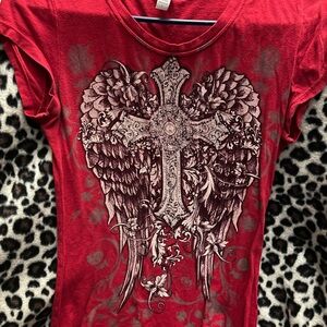 Vintage Red Graphic T-Shirt with Cross and Wings Design